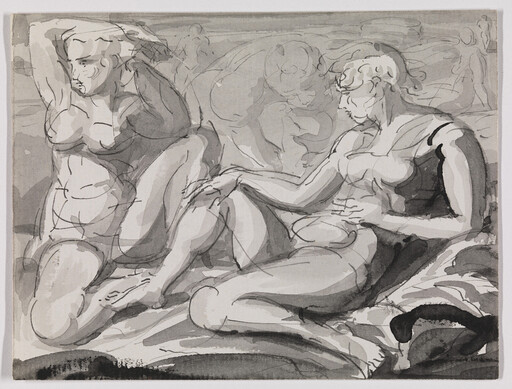 Two reclining classical nude figures on drapery, one reaching toward the other's knee.