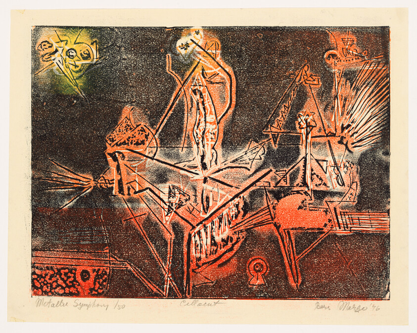 Abstract composition of red-orange geometric shapes and ghostly figures against a dark textured background.