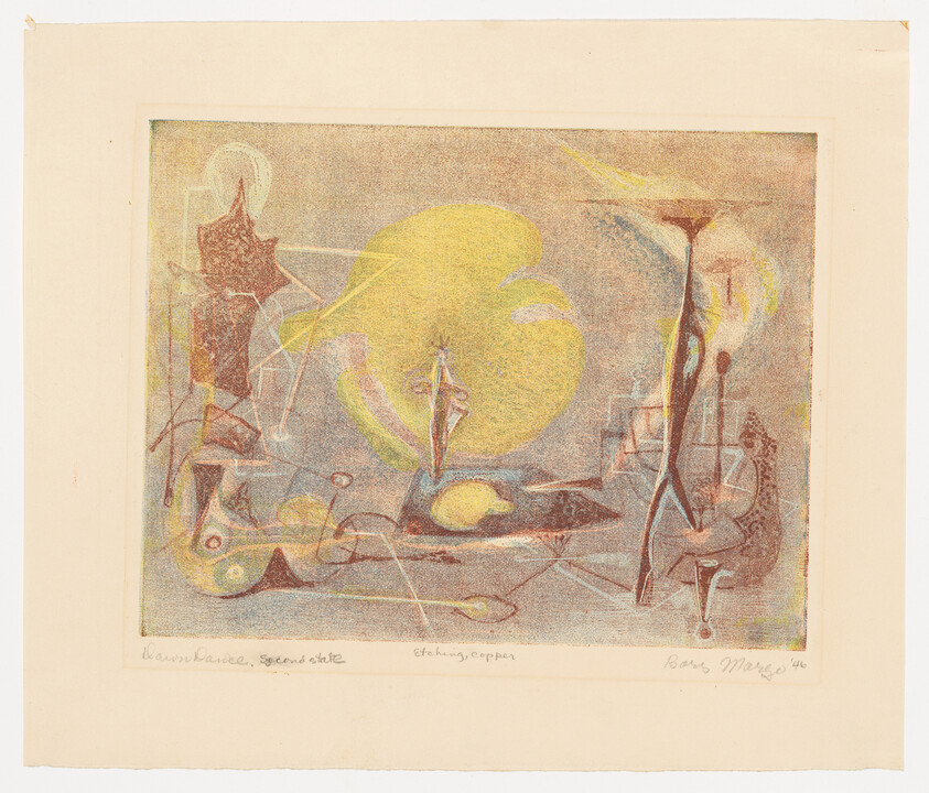 Abstract pastel artwork showing a large yellow orb above thin standing figures in a dreamlike landscape.