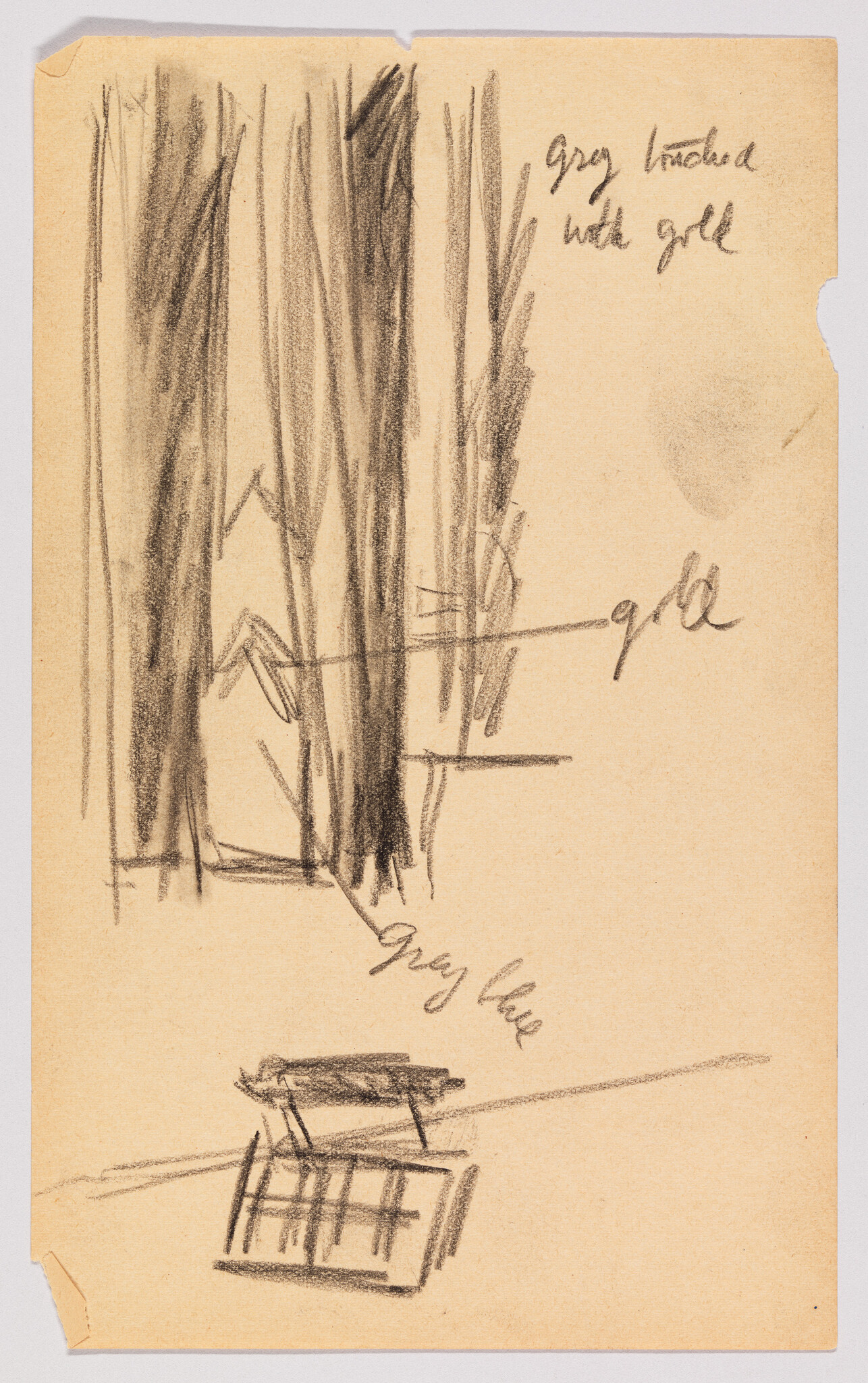 A sketch on a tan piece of paper featuring abstract vertical lines in black, possibly representing trees or a forest, with the words "grey touched with gold" written in cursive at the top right. Below the vertical lines, there is a rough sketch of a cube-like structure with horizontal lines, which could be an interpretation of a building or object. The word "grey" is also written near the bottom left of the image, next to the cube-like sketch.