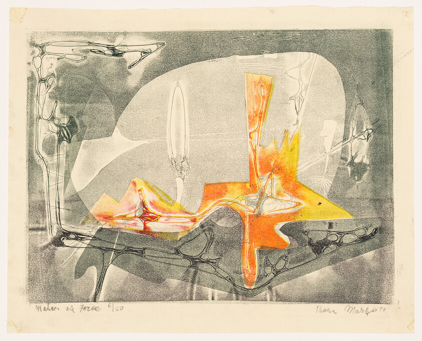 Abstract print showing a bright orange-yellow organic form over a textured gray and white background.