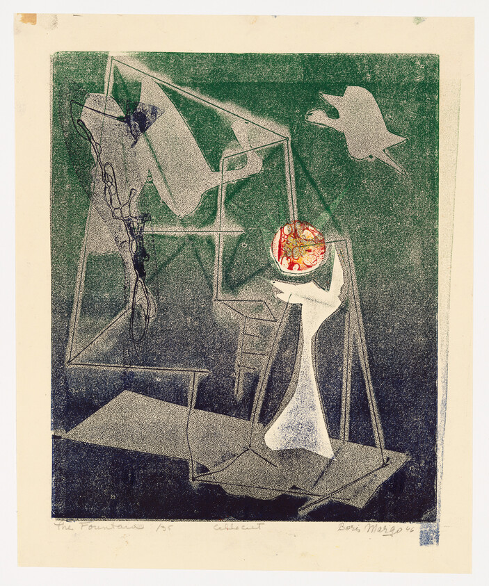 A robed figure holds a glowing red orb inside a wireframe structure while a bird flies.