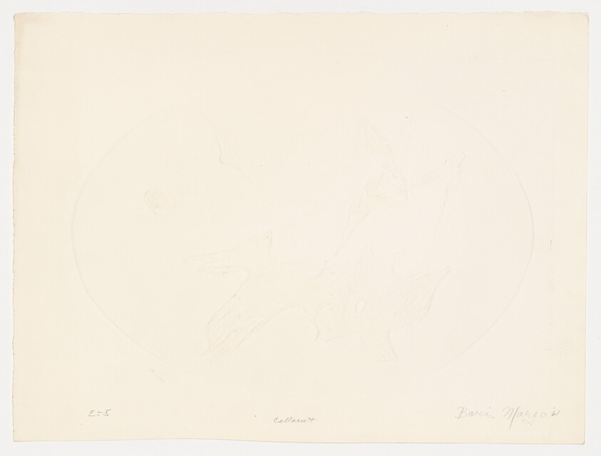 Faint embossed circular abstract shapes and textures centered on a cream sheet of paper.