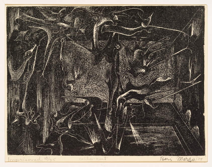 Chaotic tangle of bird-like figures and webbed lines filling a dark, textured interior.