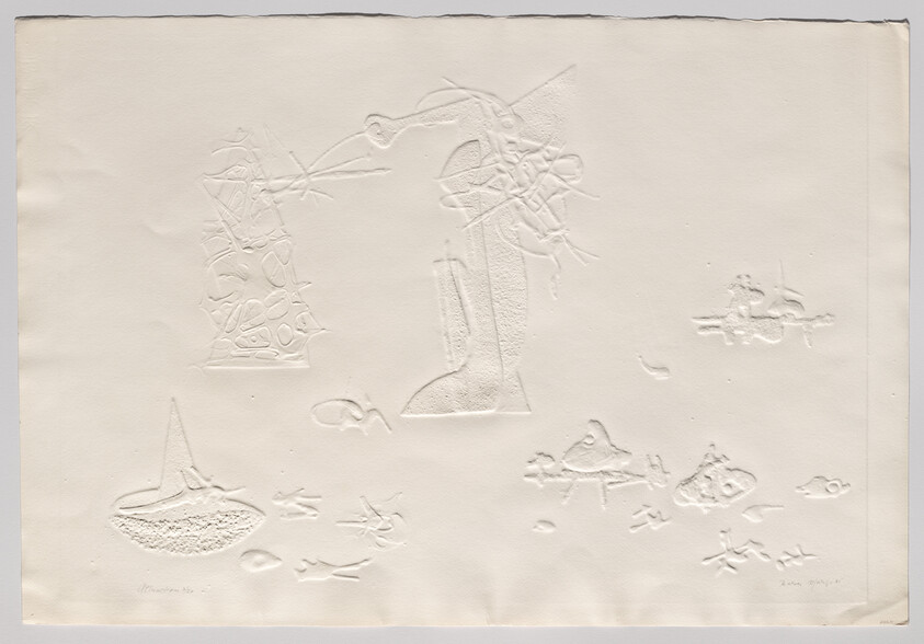 Embossed paper with abstract raised shapes resembling a tall boot, tower, and small fish-like forms.