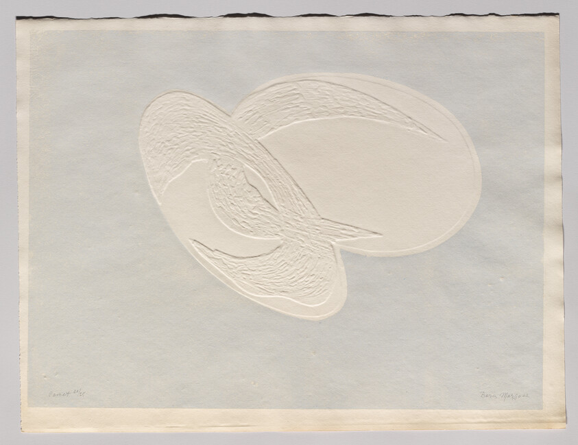 Two large overlapping embossed oval shapes create textured abstract forms on pale paper.