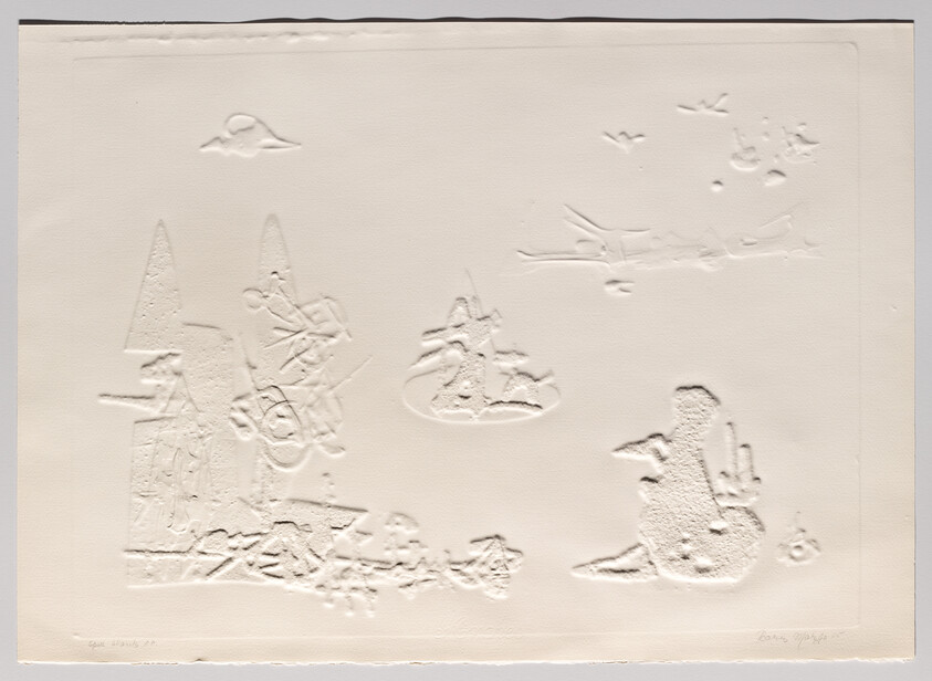 Embossed paper showing abstract raised shapes suggesting trees, islands, and birds across a blank background.