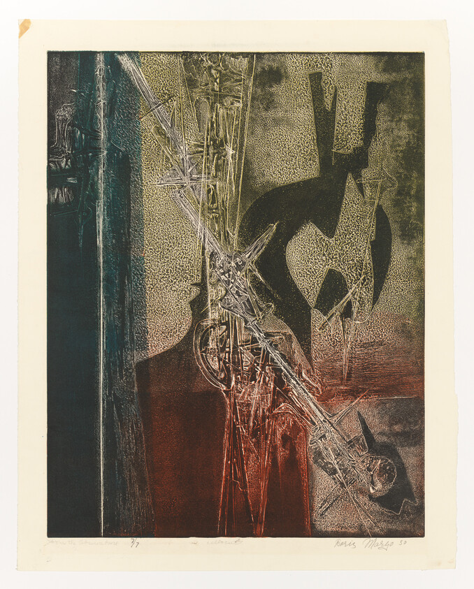 Abstract composition featuring a saxophone-like instrument diagonally over layered textured shapes and dark tones.