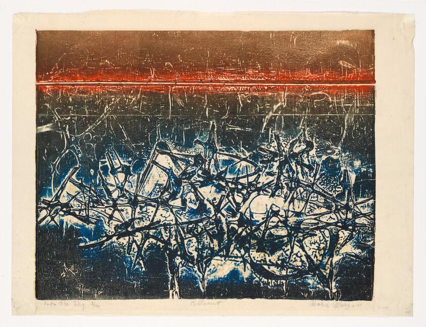 Abstract print showing tangled dark branches and thorns beneath a thin glowing red horizon line.