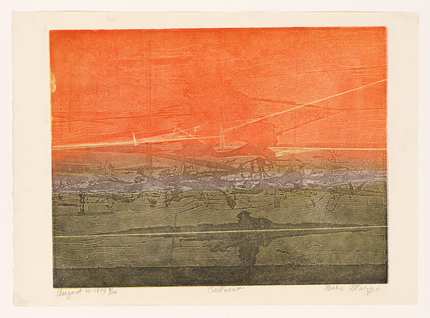 A silhouetted figure stands by a shoreline beneath a bright orange sky and layered horizon.