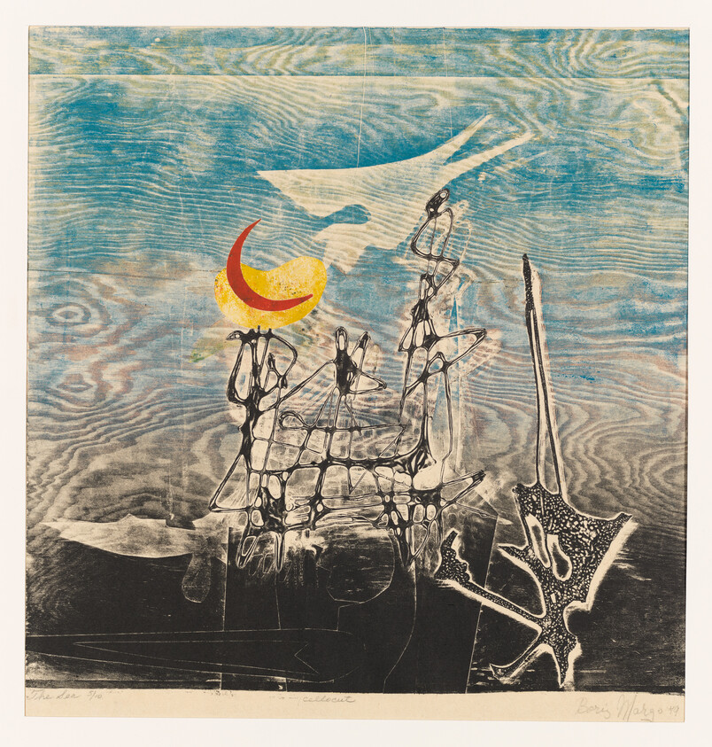 Abstract scene with black skeletal structure under a yellow crescent shape against blue wood-grain background.