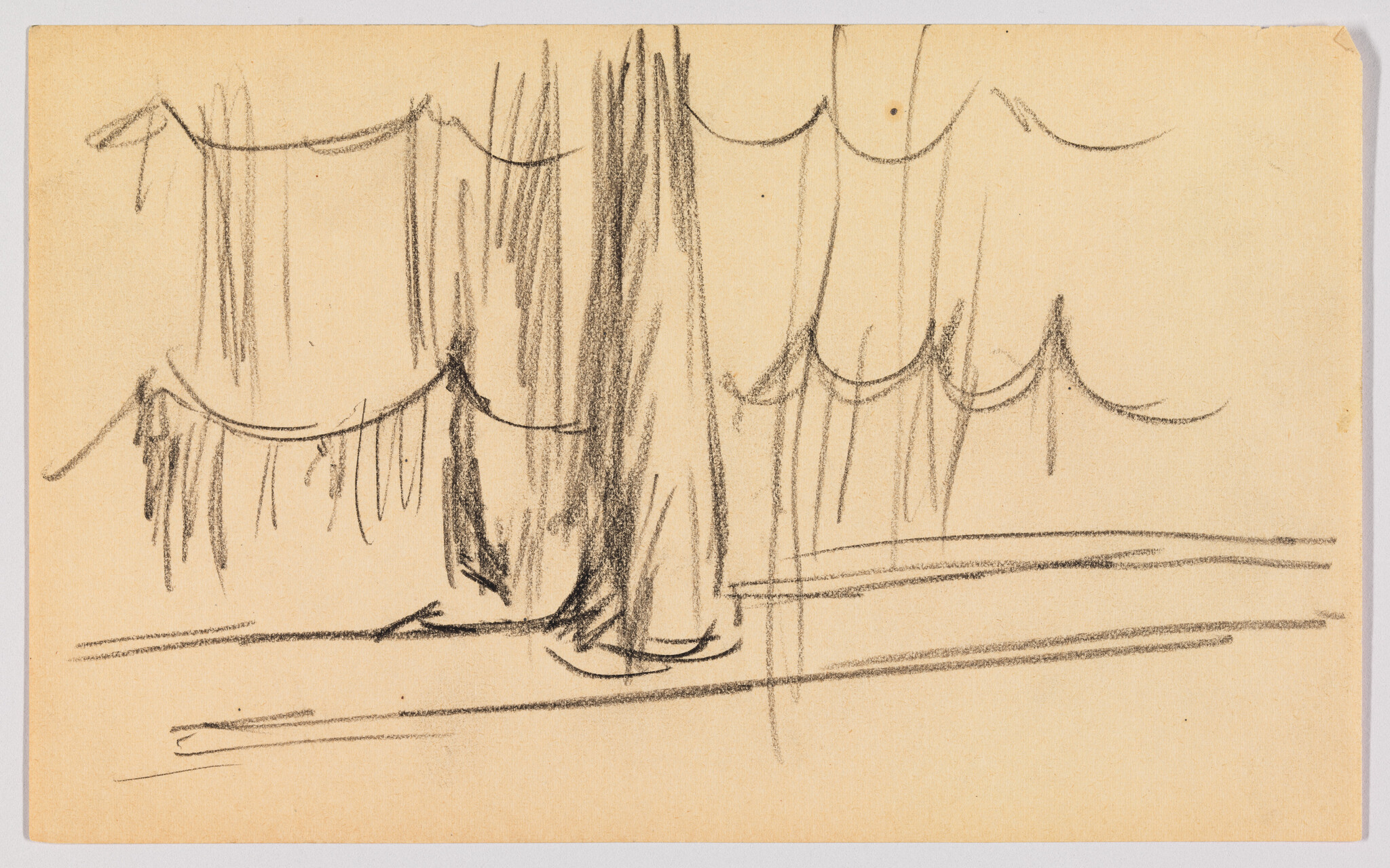 A sketch on tan paper featuring loose, expressive lines that suggest curtains or drapery hanging over a stage with some folds and fringes indicated. The drawing is minimalistic, capturing the essence of the subject with a few strokes.