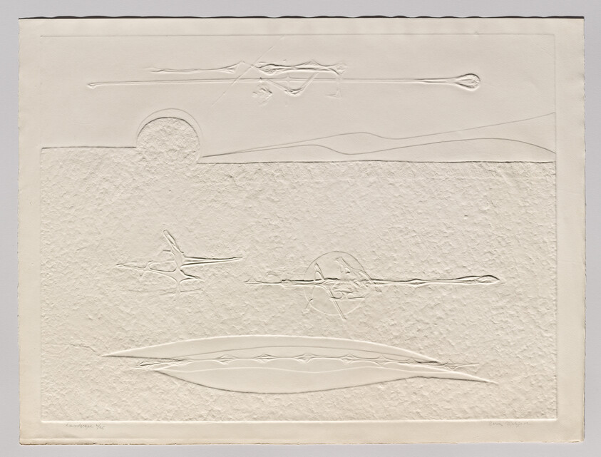 Embossed abstract landscape with a rising sun, thin horizon lines, and elongated boat-like form.