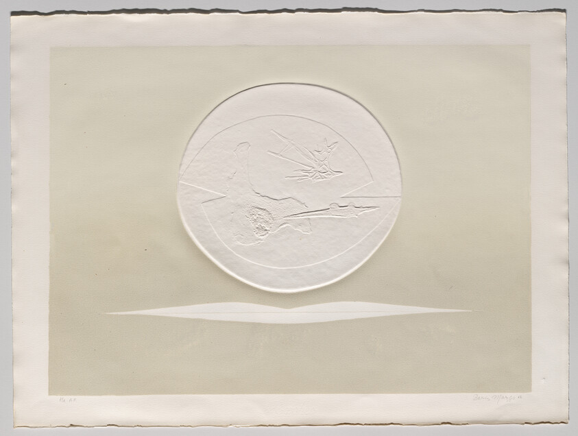 Embossed circular relief with abstract shapes centered above a long horizontal oval on a pale background.