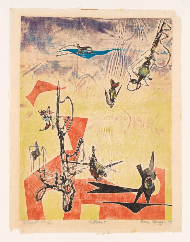 Abstract composition with floating organic shapes and red geometric forms against a pale yellow background.