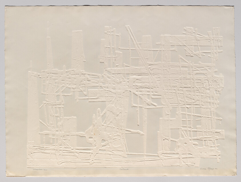 Raised abstract white lines and grids form a textured, scaffold-like composition on cream paper.