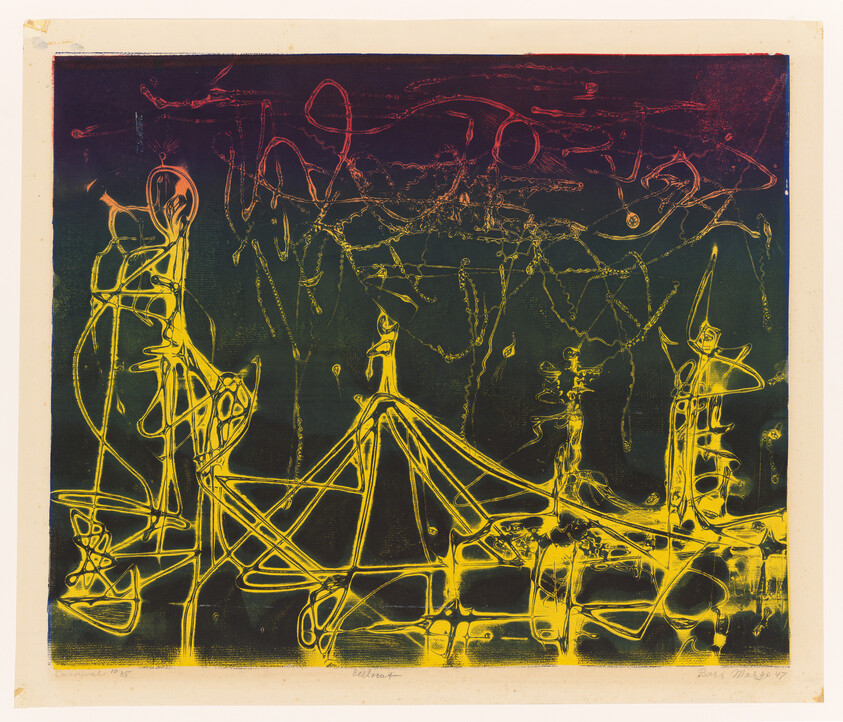 Yellow tangled lines form abstract figures and structures against a dark gradient background.