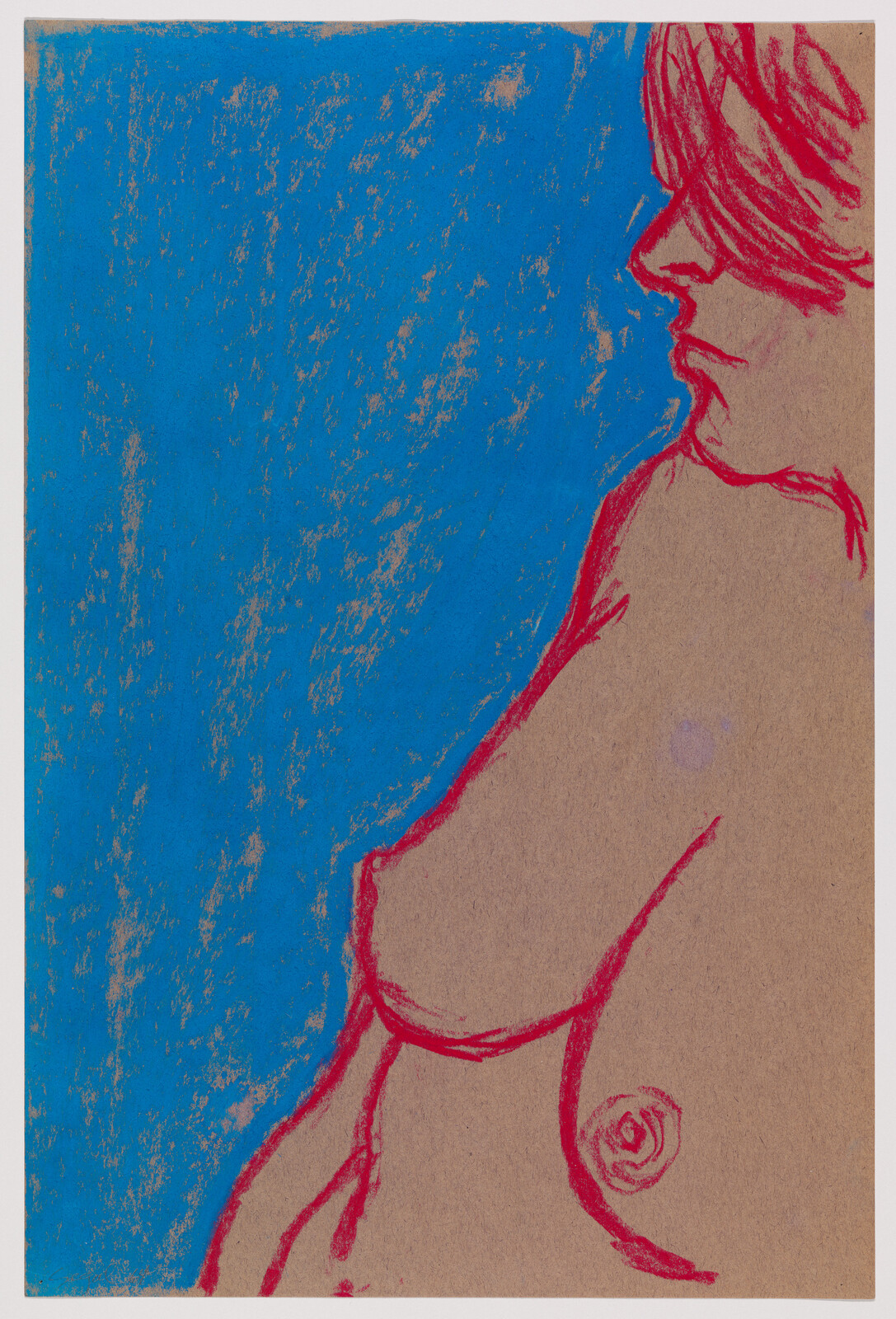 Profile sketch of a nude woman outlined in red against a textured blue background.
