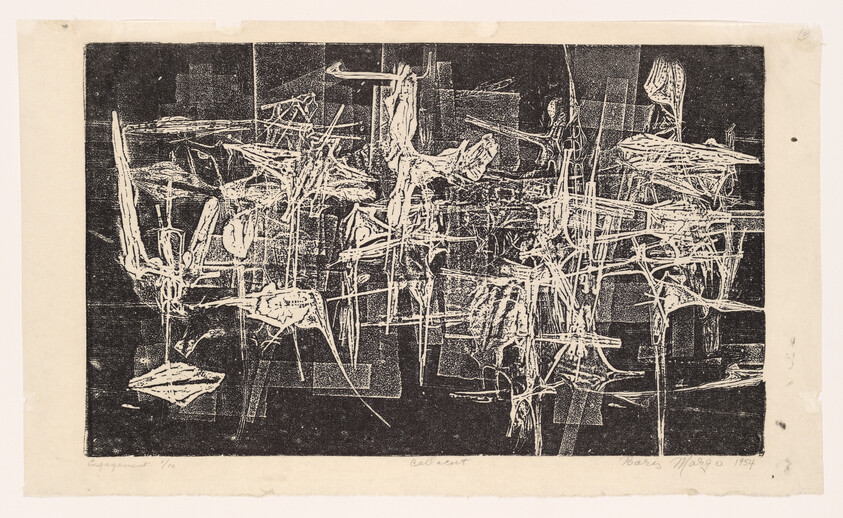 Abstract black print with white scratch-like lines and intersecting geometric shapes across the page.