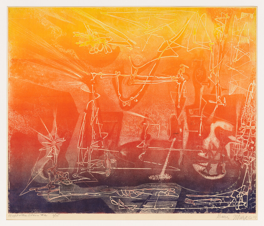 Abstract orange-to-purple print with white sketch-like lines suggesting figures, boats, and architectural shapes.