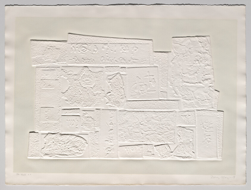 A textured white-on-white artwork composed of various raised, abstract and geometric shapes that resemble an assemblage of different-sized papers or canvases, some with indistinct embossed symbols or drawings. The piece is signed and dated in the bottom right corner.