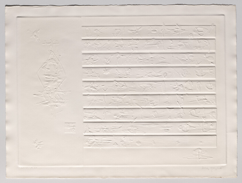 Embossed white sheet with parallel horizontal bands filled with abstract raised shapes and symbols.