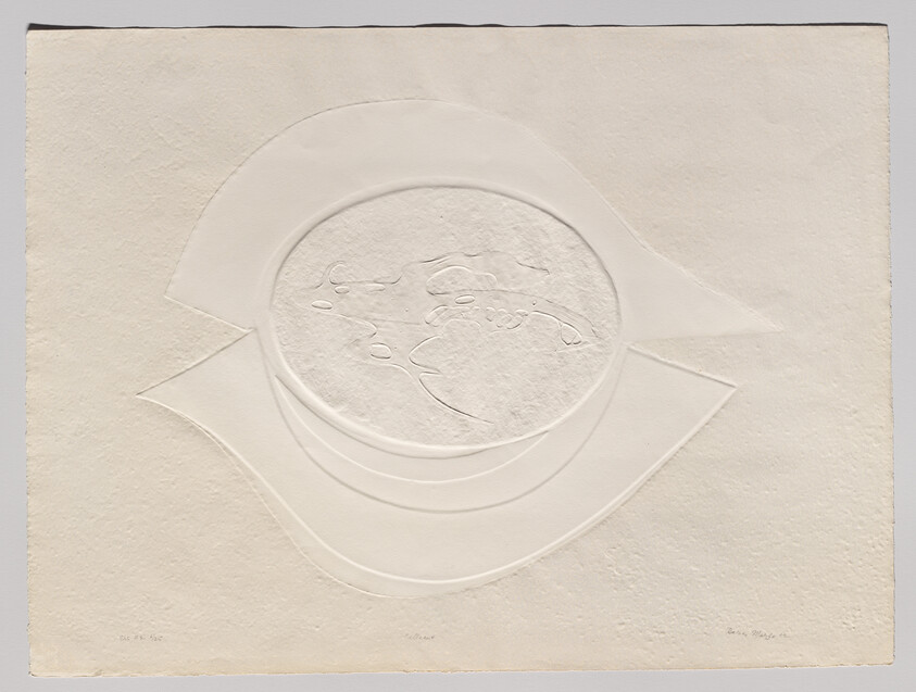 Embossed paper showing concentric circular and curved layered shapes forming a shallow bowl.