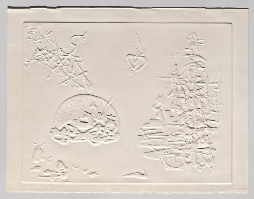 Embossed abstract relief with a raised semicircle and textured vertical patterns across paper.