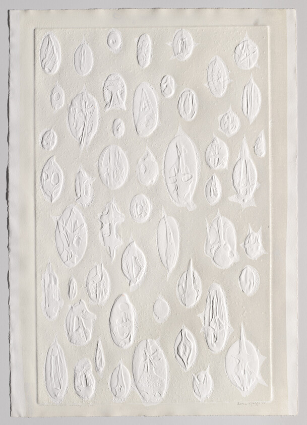 White paper sheet with multiple embossed oval shapes and subtle raised textures.
