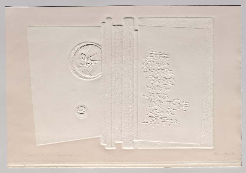 Embossed paper with a circular floral seal, vertical ribbing, and raised text-like markings on the right.