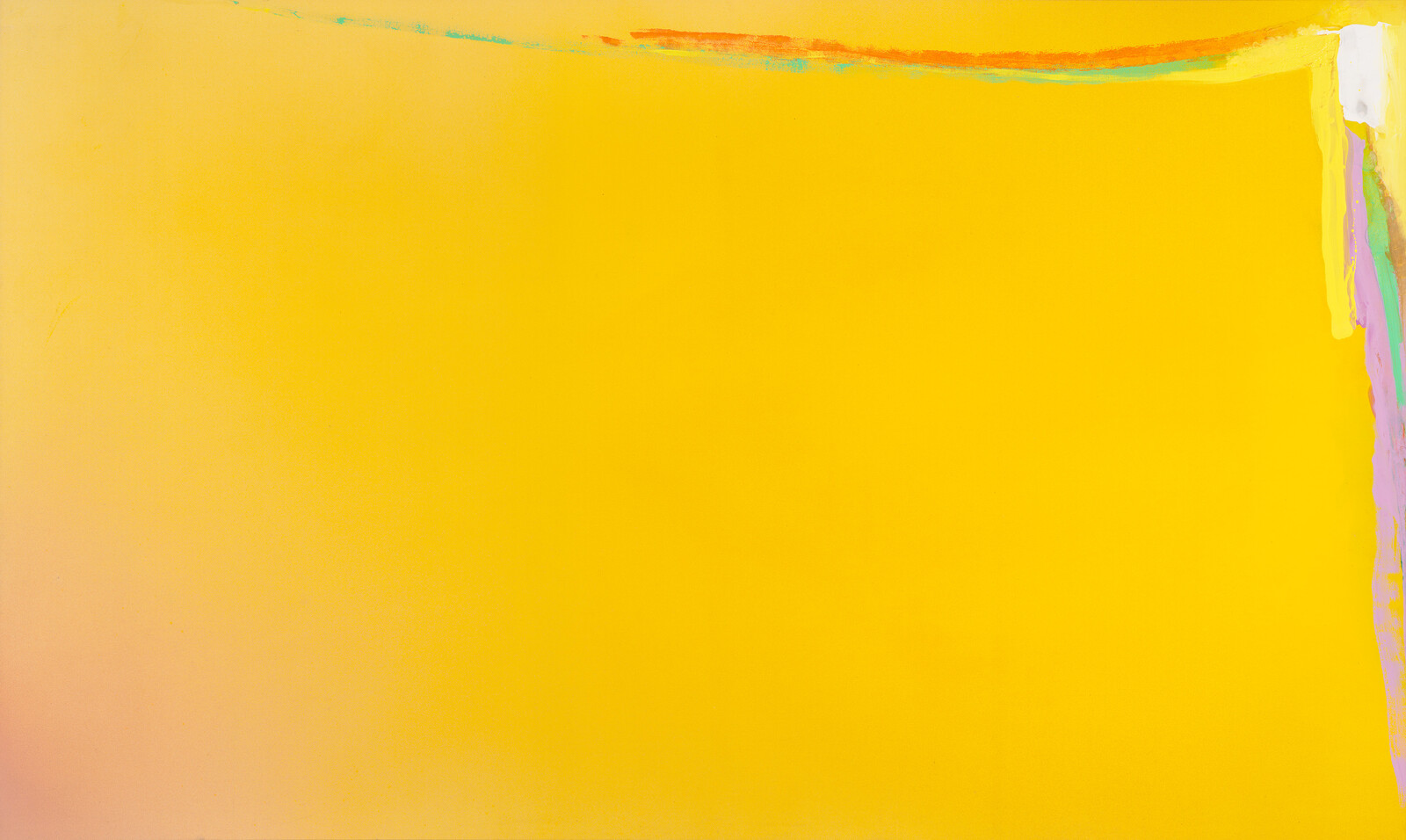 Large yellow abstract canvas with thin multicolor paint streaks along the top and right edge.