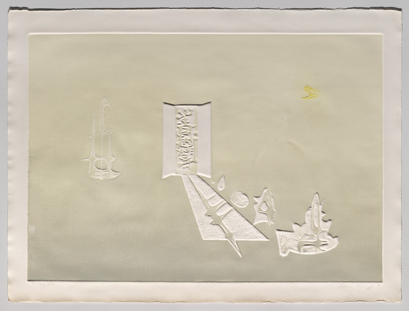 An embossed print with abstract and geometric shapes, including a stylized banner with the word "LIBERTY" and various fragmented elements resembling parts of statues or architectural details. The paper has a creamy tone with subtle discoloration and the embossed details are more vivid where the light casts shadows, enhancing the three-dimensional effect. There's a small yellow embossed shape resembling a bird in the upper right corner. The artist's signature and date are visible in the lower right corner.