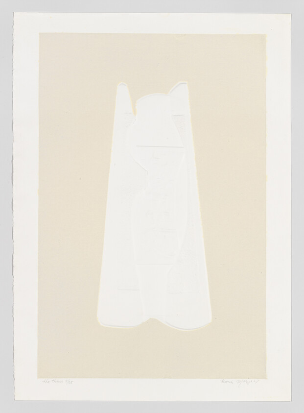 A minimal embossed white figure with cat-like ears is centered on a beige rectangle.