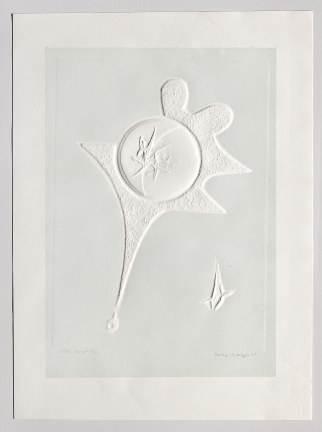 Embossed abstract white sunlike shape with textured circle and small star-like form on pale paper.