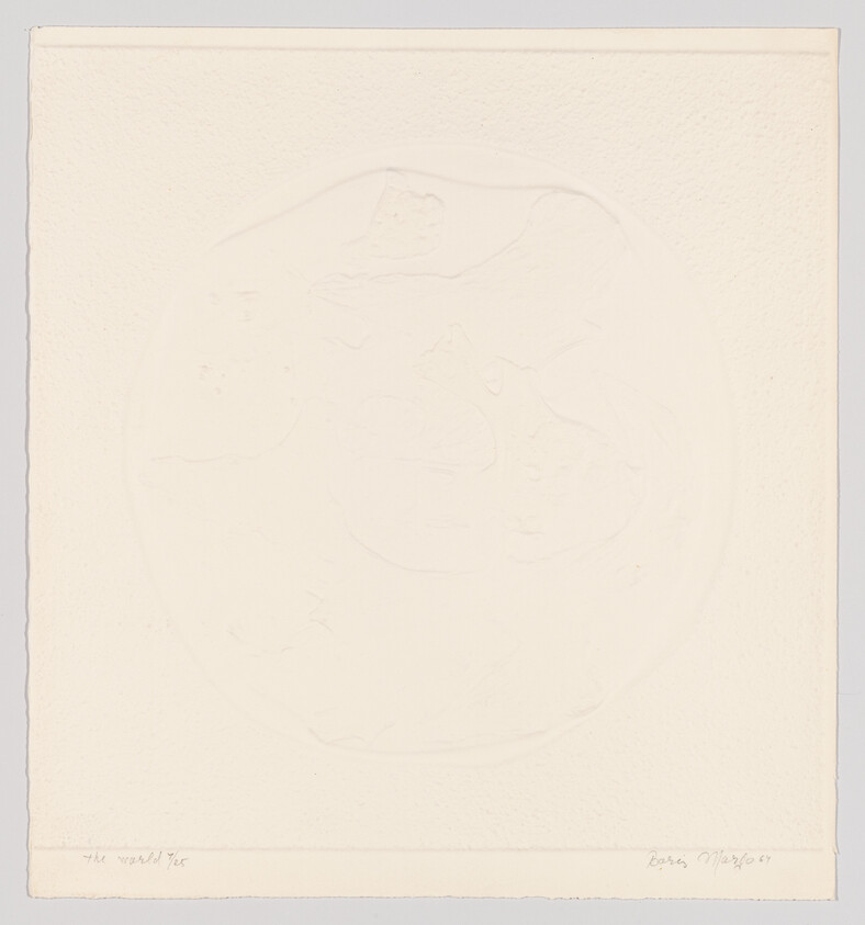 Embossed circular world map on textured off-white paper with faint continent outlines.