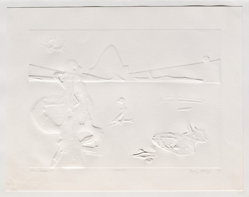 Embossed white paper shows raised abstract shapes suggesting a landscape with small human and animal forms.