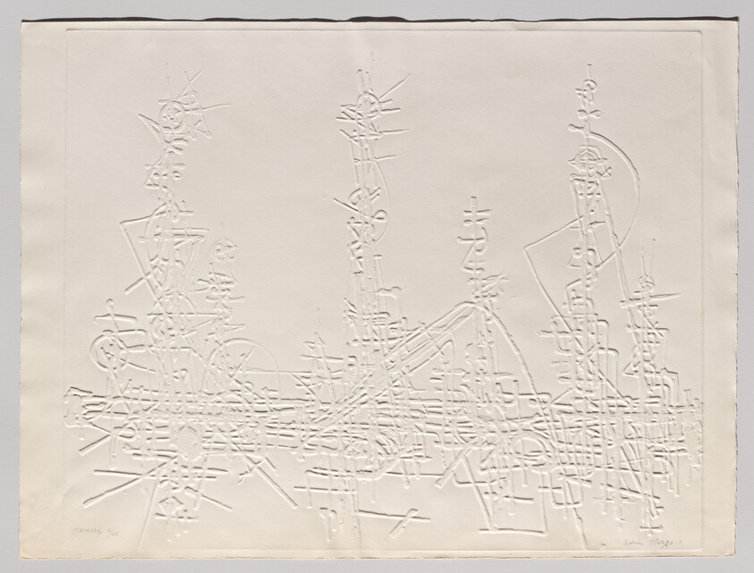 Embossed abstract network of intersecting lines and shapes on a cream paper sheet.