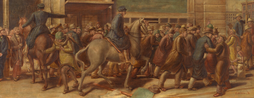 Mounted officers on horses push through a crowded street as people jostle and struggle.