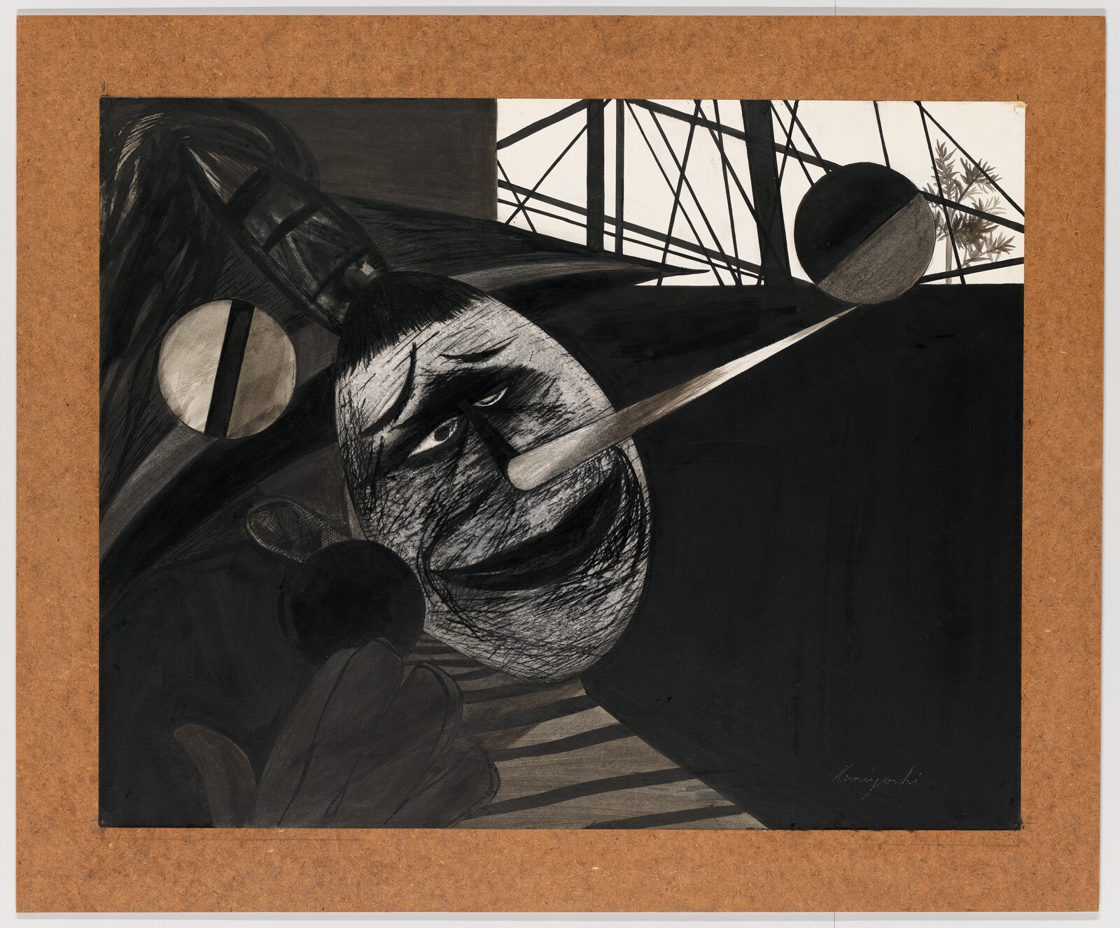 A darkly shaded clown-like face with a long pointed nose reaches toward a round object.