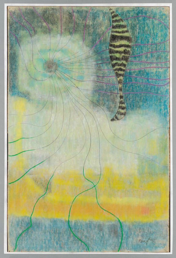 Abstract pastel composition showing a radiating spiral with long thin lines and a striped tail.