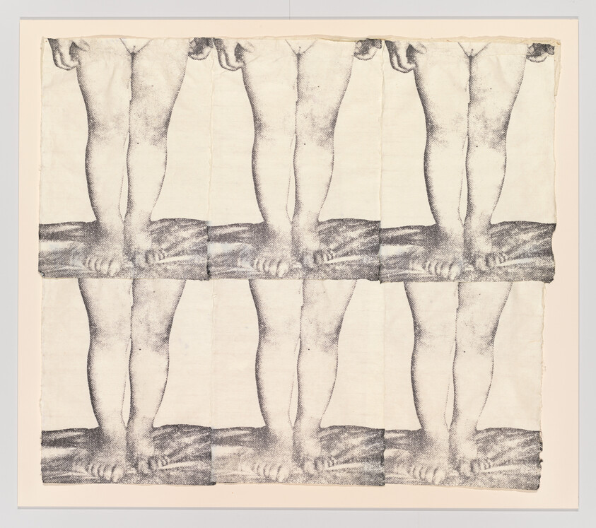 Repeated pairs of bare lower legs and feet standing on a textured surface in a three-by-three grid.