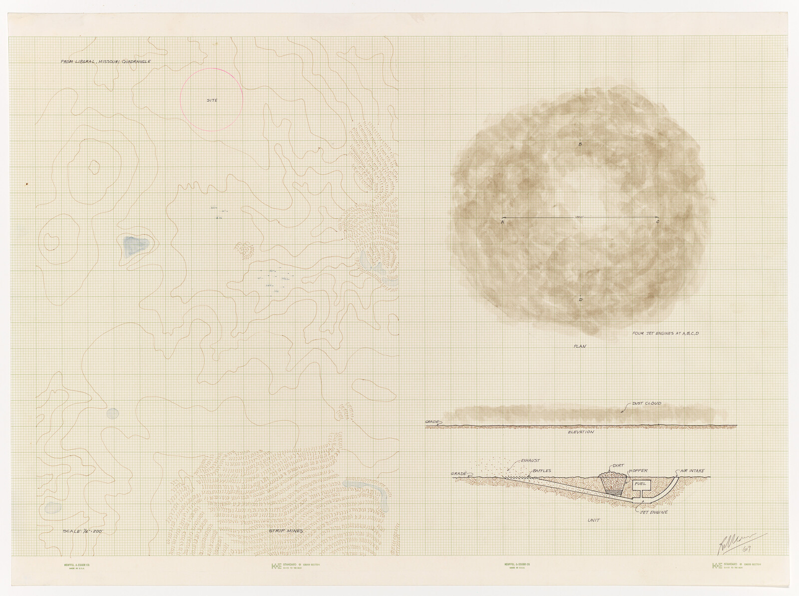 Large circular dust cloud plan with contour map and cross-section showing bunker and jet engine details.