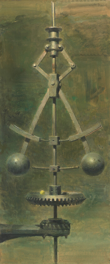 A vertical mechanical scale-like device with two hanging metal spheres and a central gear.