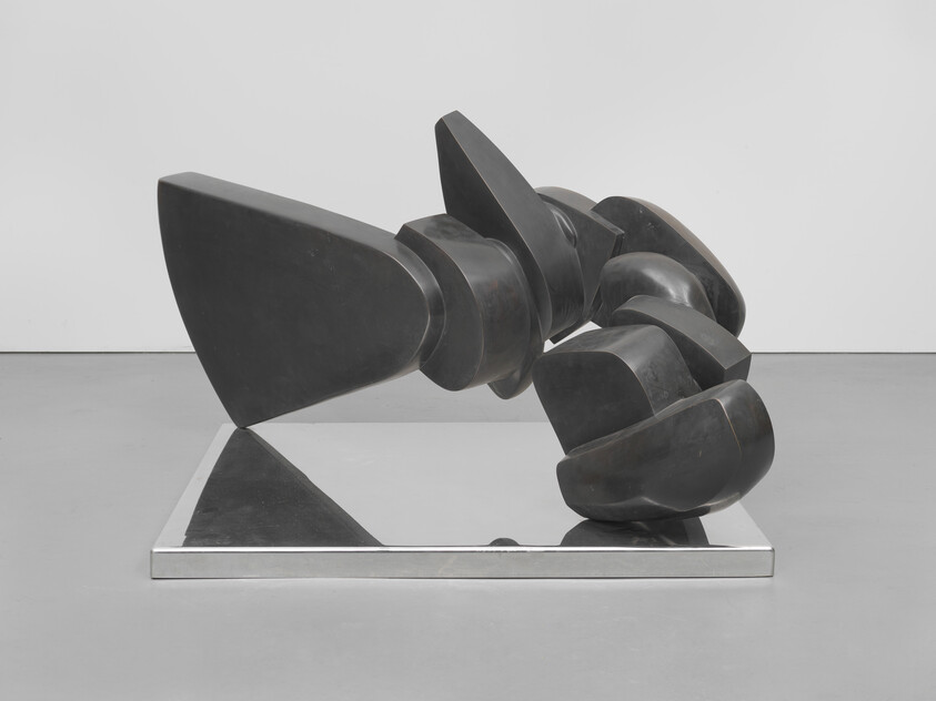 A dark abstract segmented sculpture lies across a low reflective rectangular base in a gallery.