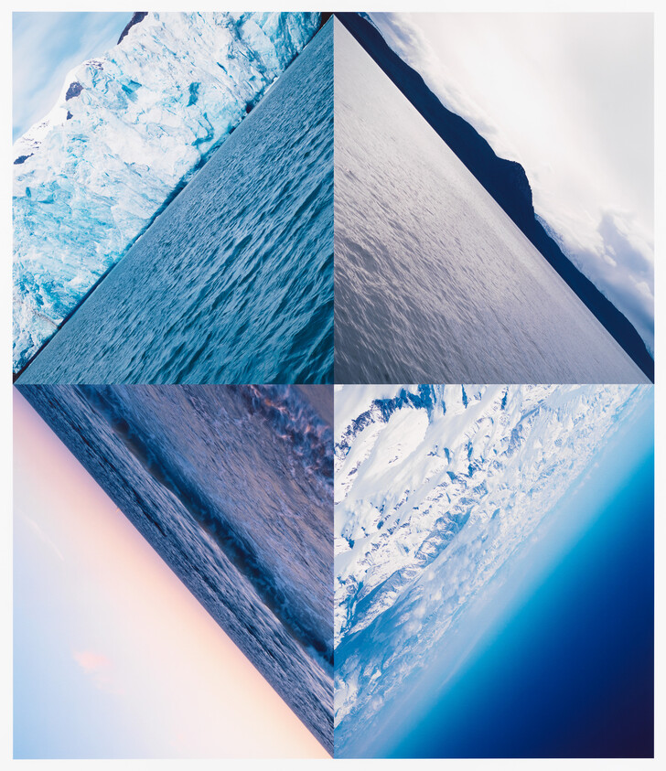 Four diagonal panels show icy glaciers and open ocean with calm rippling water.