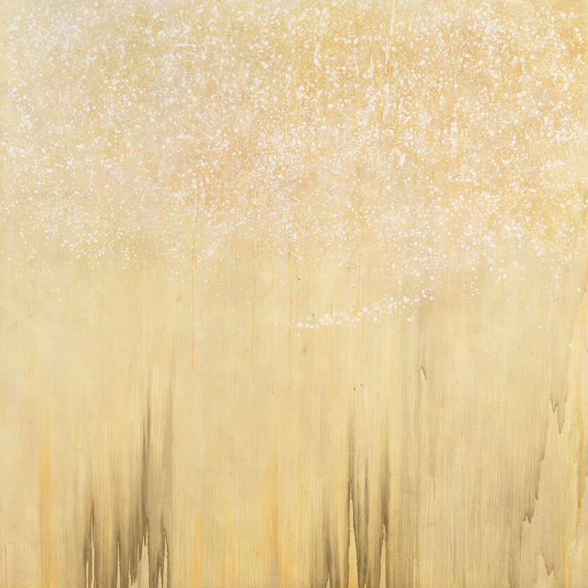 Soft gold background with white speckles at the top and vertical streaked textures below.