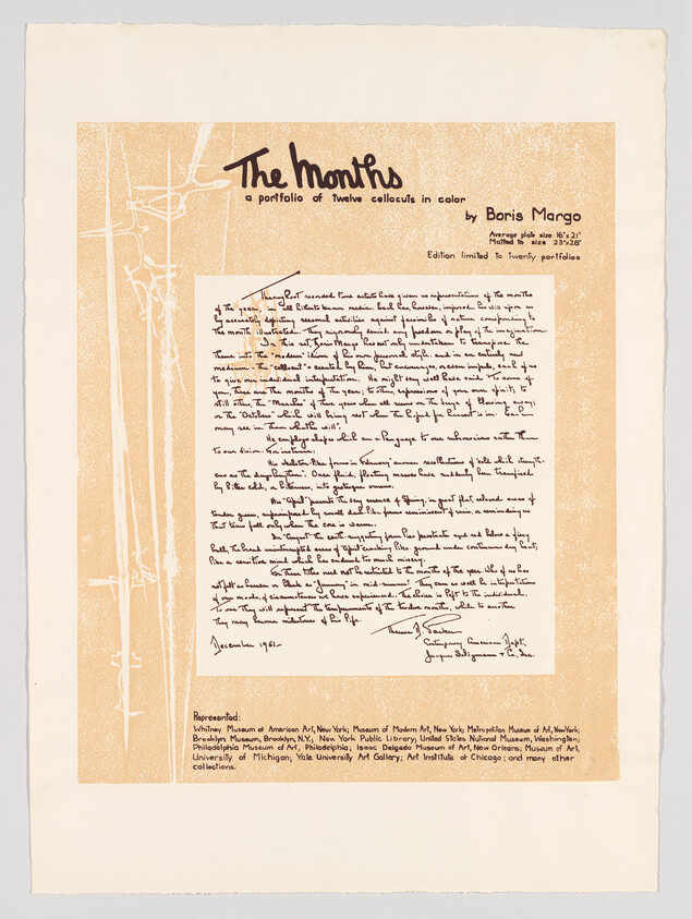 Poster titled "The Months" by Boris Margo showing a handwritten statement and publication details.