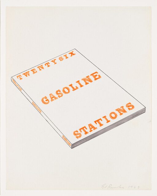 A tilted book titled "Gasoline Stations" with orange stamped text and "Twentysix" on the cover.