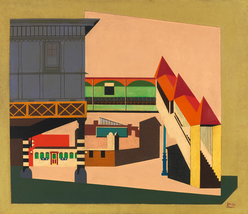 Multicolored buildings, vibrant and precise, including a geometric staircase up to an elevated walkway 