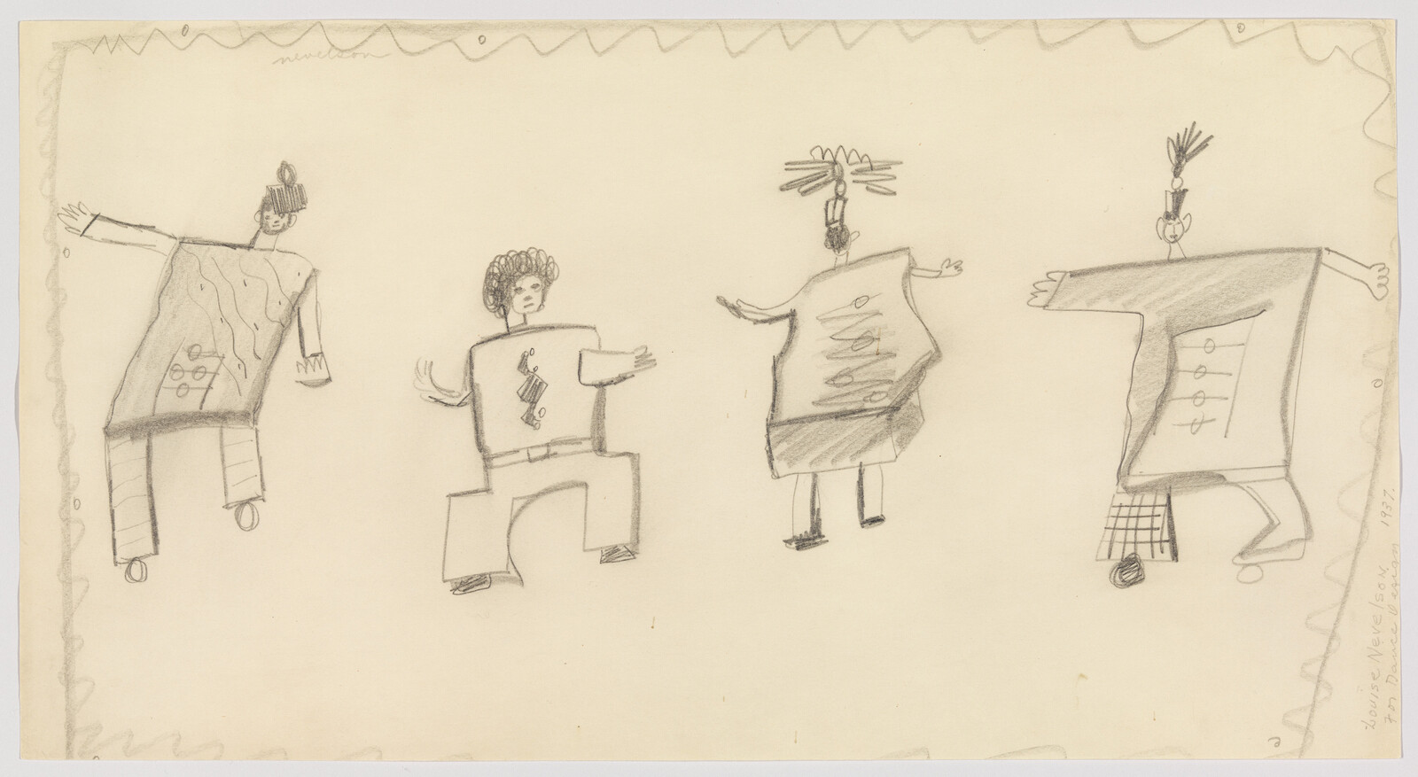 Four stylized figures with boxy torsos and outstretched arms sketched in pencil across the page.